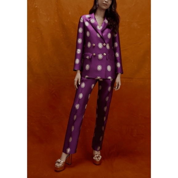 Lisou | Hetty Dark Purple Cameo Silk Jacquard High Waisted Trousers Size 6 - Picture 1 of 12